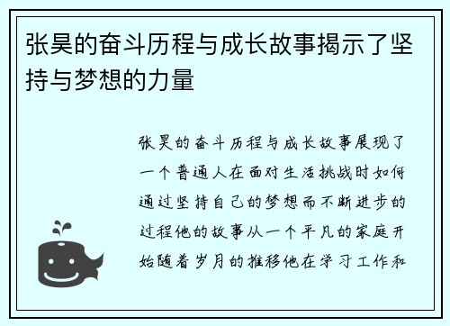 张昊的奋斗历程与成长故事揭示了坚持与梦想的力量