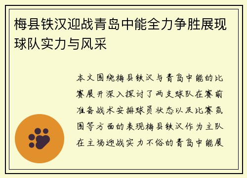 梅县铁汉迎战青岛中能全力争胜展现球队实力与风采