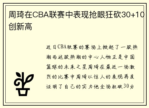 周琦在CBA联赛中表现抢眼狂砍30+10创新高
