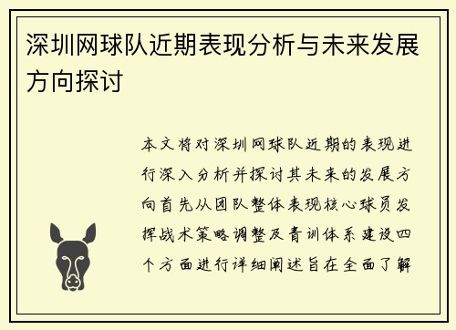 深圳网球队近期表现分析与未来发展方向探讨