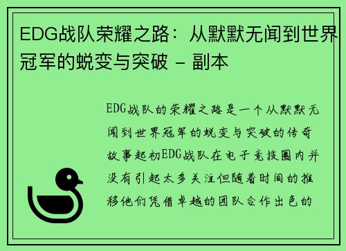 EDG战队荣耀之路：从默默无闻到世界冠军的蜕变与突破 - 副本