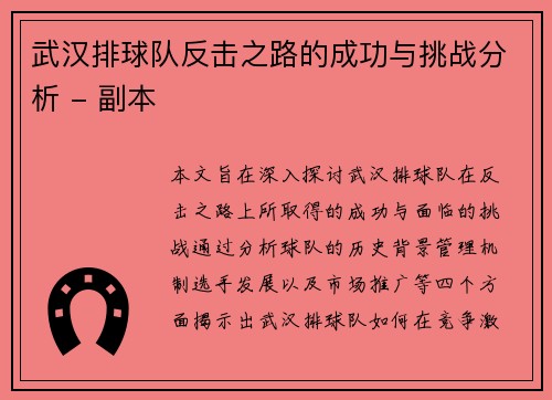 武汉排球队反击之路的成功与挑战分析 - 副本