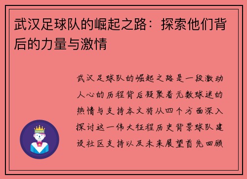 武汉足球队的崛起之路：探索他们背后的力量与激情