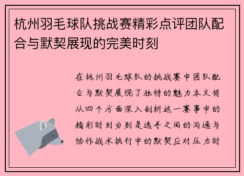 杭州羽毛球队挑战赛精彩点评团队配合与默契展现的完美时刻
