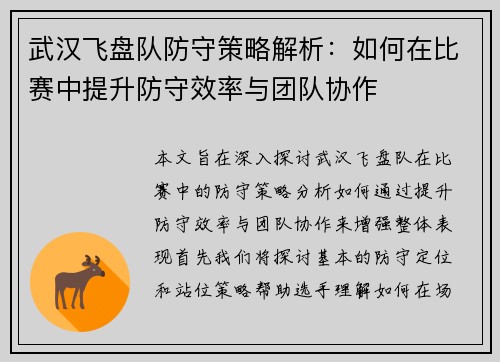 武汉飞盘队防守策略解析：如何在比赛中提升防守效率与团队协作