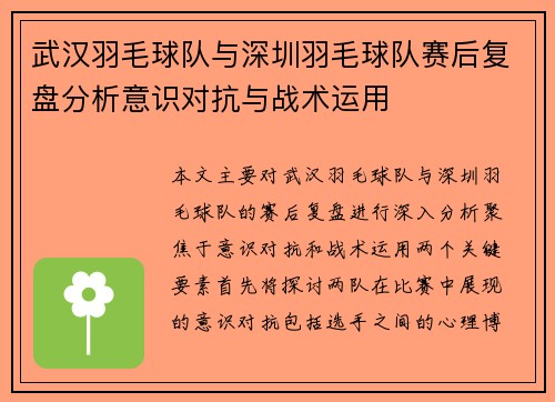 武汉羽毛球队与深圳羽毛球队赛后复盘分析意识对抗与战术运用